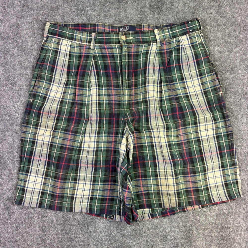 Polo Ralph Lauren Shorts Mens 36 Green Plaid Pleated Cotton Linen Vintage USA